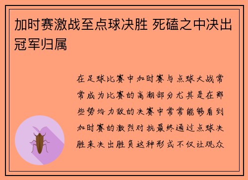 加时赛激战至点球决胜 死磕之中决出冠军归属