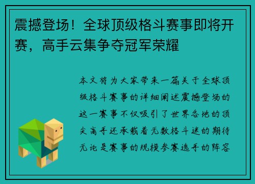 震撼登场！全球顶级格斗赛事即将开赛，高手云集争夺冠军荣耀